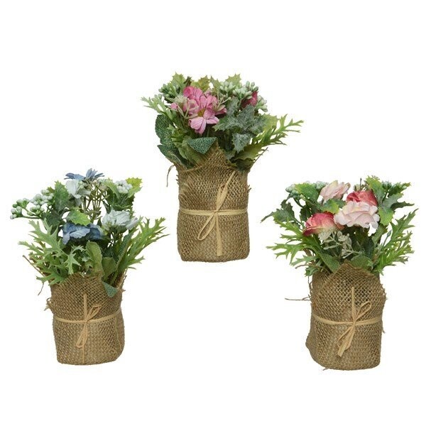 FLEURS EN SAC JUTE COULEURS ASSORTIS 17CM