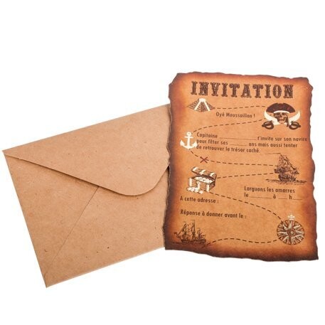 INVITATION PIRATE KRAFT & OR + ENVELOPPE KRAFT 10X15CM (x8)