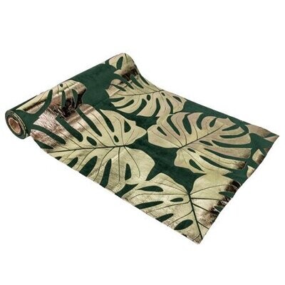 CHEMIN DE TABLE VELOURS TROPICAL VERT FLOQUE CHAMPAGNE 28CMX3M