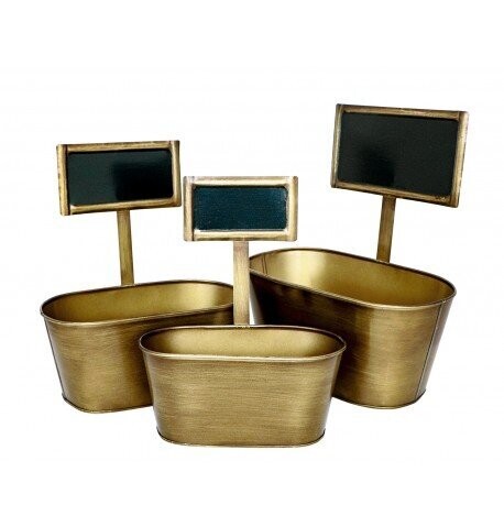 SET 3 POTS METAL LAITON BRUN AVEC PANCARTE 33CM, 30.5CM ET 28CM