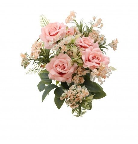 BOUQUET DE 9 ROSES VIEUX ROSE ET FEUILLAGES 40.5CM
