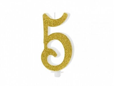 BOUGIE CALLIGRAPHIE PAILLETTES OR INTENSE "5" 10CM