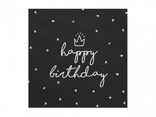 SERVIETTE NOIR "HAPPY BIRTHDAY" BLANC 33CM (x20)