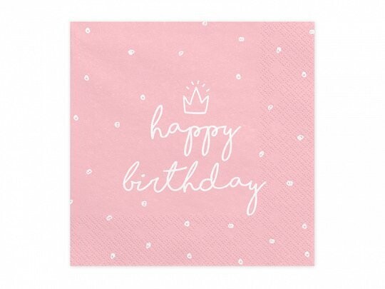 SERVIETTE ROSE "HAPPY BIRTHDAY" BLANC 33CM (x20)