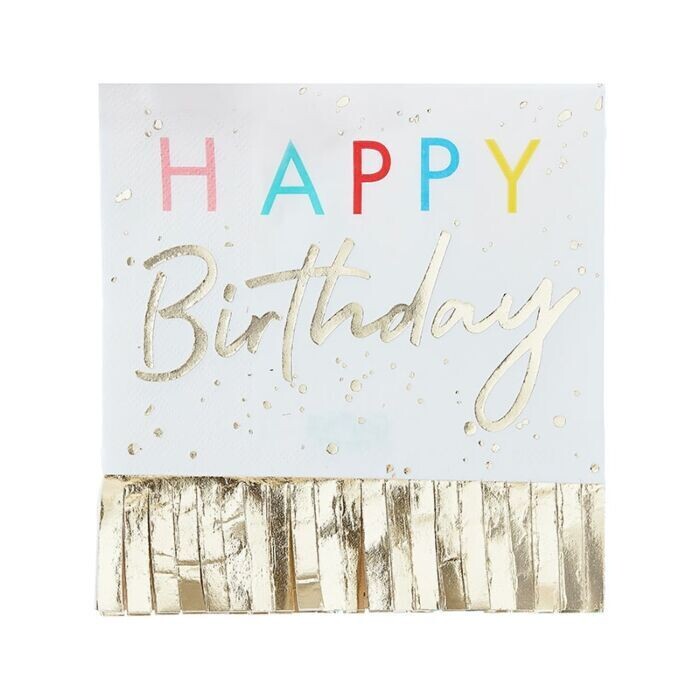 SERVIETTE BLANCHE "HAPPY BIRTHDAY" ET FRANGES OR 33CM (x16)