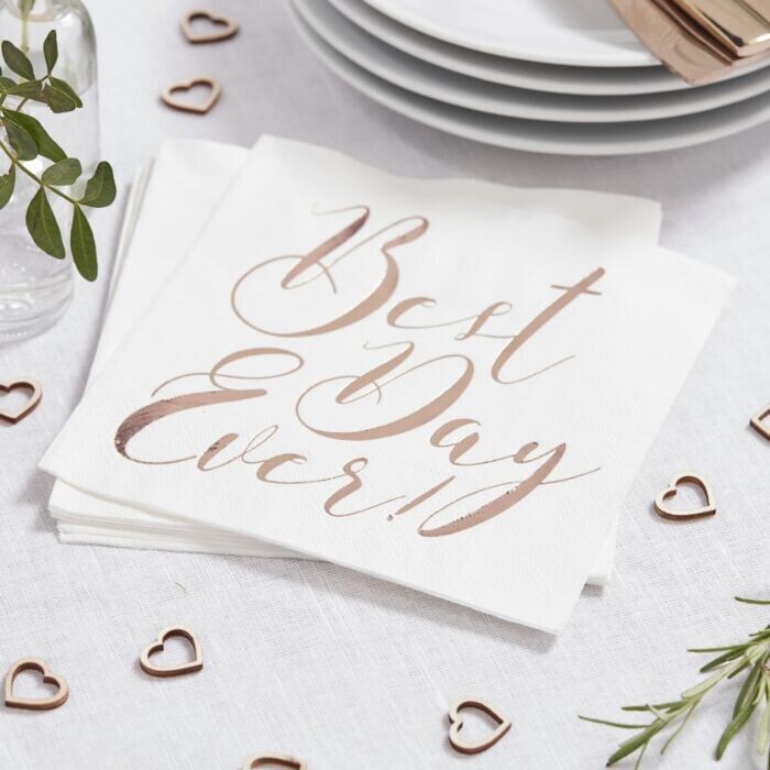 SERVIETTE BLANCHE "BEST DAY EVER" ROSE GOLD 33CM (x20)