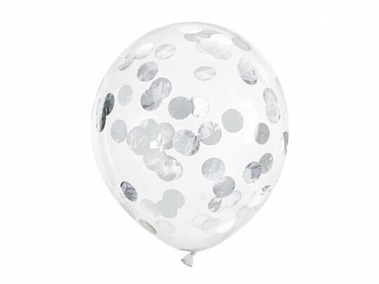 BALLON TRANSPARENT A CONFETTIS ARGENT 30CM (x6)