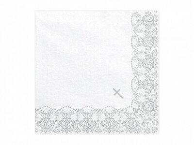 SERVIETTE CEREMONIE BLANC ET ARGENT 33CM (x20)