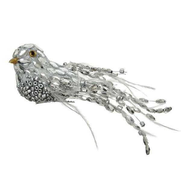 OISEAU SUR PINCE PLUMES ET PERLES ARGENT 6x18CM