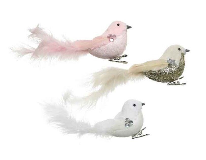 OISEAU SUR PINCE PLUMES ET STRASS 18x5.5CM 3 MODELES ASSORTIS