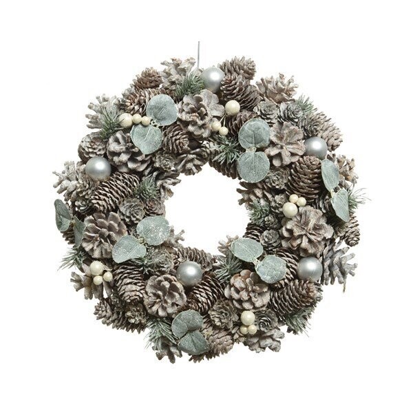 COURONNE DE POMMES DE PIN, BAIES ET VERDURES GIVRES 34CM