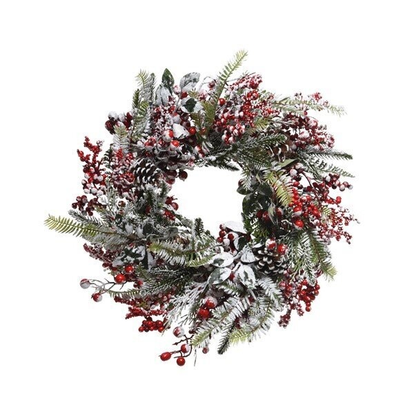 COURONNE SAPIN ET BAIES ROUGES GIVRE 40CM