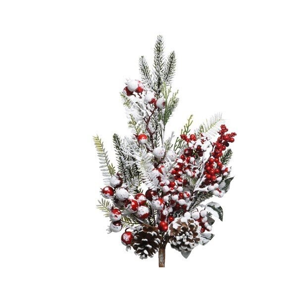BRANCHE DE SAPIN, BAIES ROUGES ET POMME DE PIN ENNEIGEE 50CM