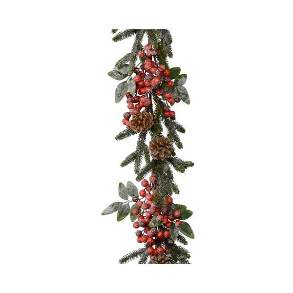 GUIRLANDE FEUILLAGE ET BAIES ROUGES GIVREE 1.76M