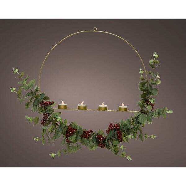 CERCLE METAL EUCALYPTUS ET POMME DE PIN 4 BOUGIES LED 50CM