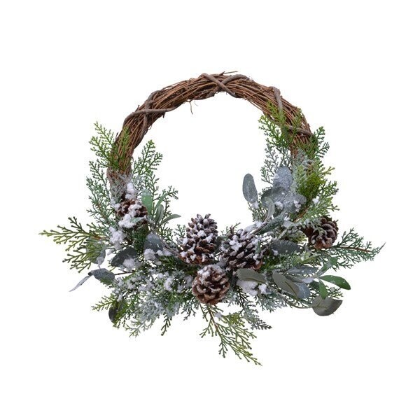 COURONNE A SUSPENDRE LARIX, EUCALYPTUS ET POMMES DE PIN 40CM