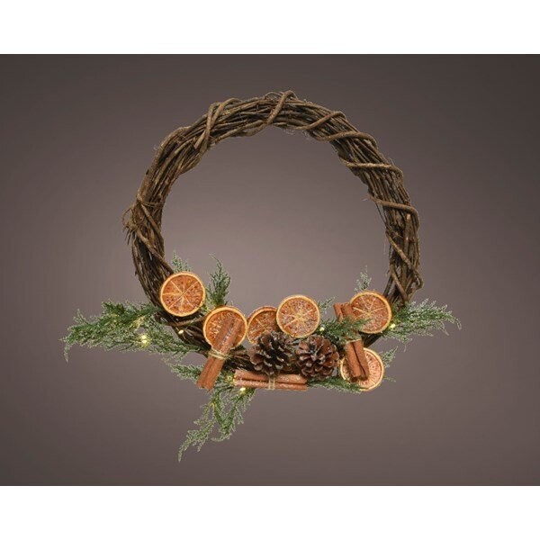 COURONNE A SUSPENDRE LARIX, RONDELLES D'ORANGES SECHEES ET CANNELLE LUMINEUX LED 40CM