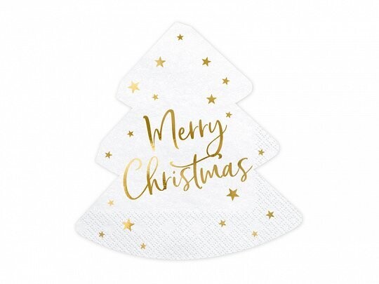 SERVIETTE FORME SAPIN BLANCHE "MERRY CHRISTMAS" OR 16X16.5CM (x20)