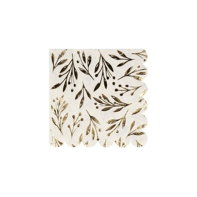SERVIETTE COCKTAIL BLANCHE FEUILLES DOREES 25CM (x16)