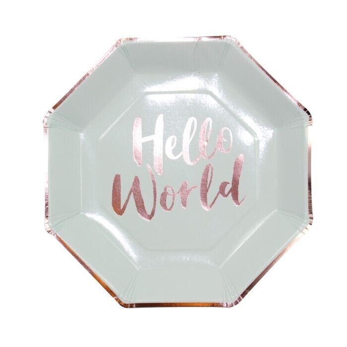 ASSIETTE OCTO BLANCHE "HELLO WORLD" ET LISERE ROSE GOLD 23CM (x8)