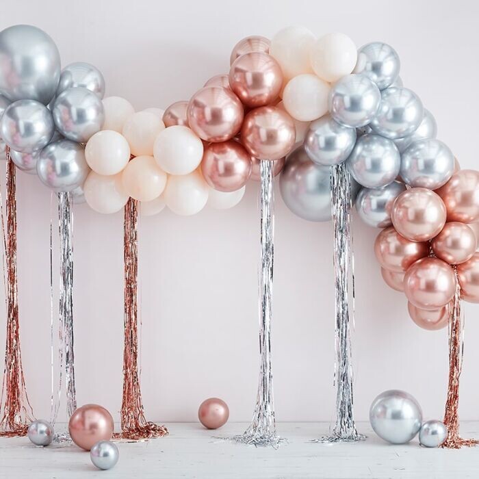 ARCHE 95 BALLONS ARGENT, ROSE GOLD, CREME ET BLANC + FRANGES