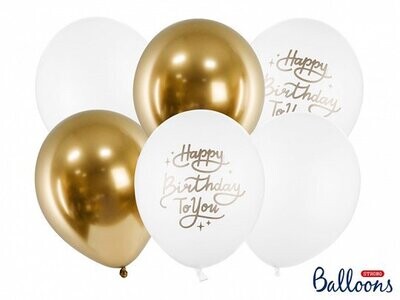 BALLON LATEX "HAPPY BIRTHDAY TO YOU" BLANC ET OR 30CM (x6)