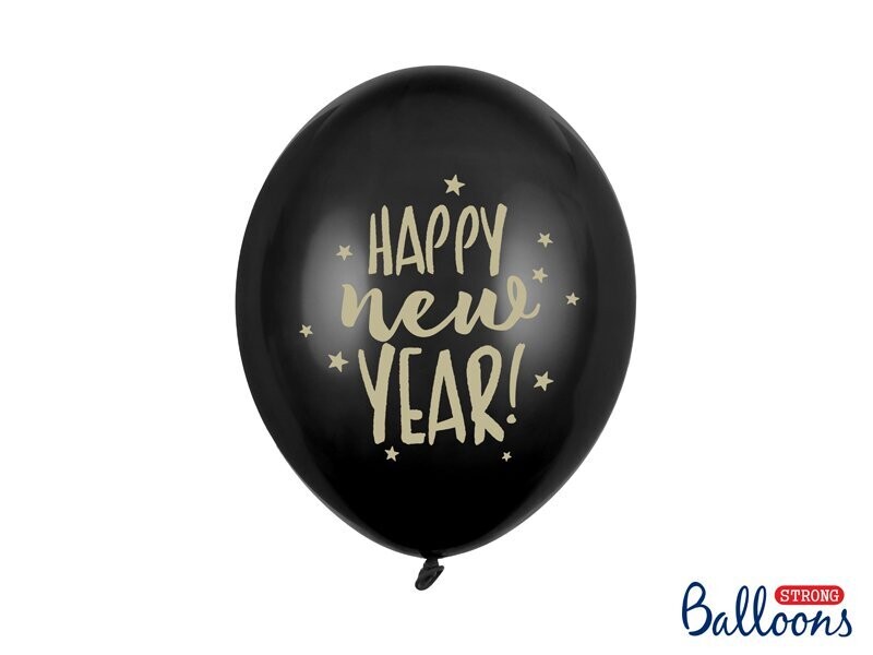 BALLON LATEX NOIR "HAPPY NEW YEAR" OR 30CM (x6)
