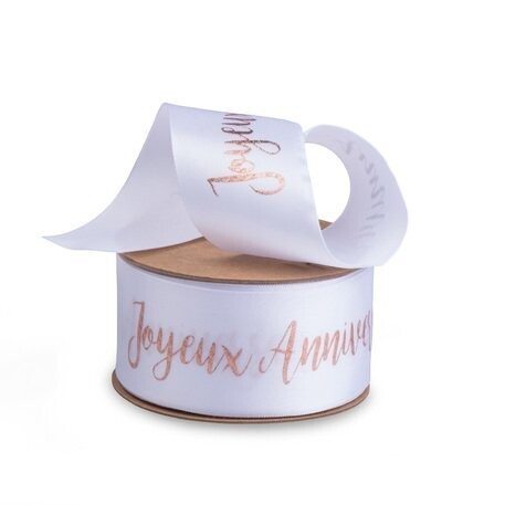 RUBAN JOYEUX ANNIVERSAIRE SATIN 38MMx10M BLANC ET ROSE GOLD