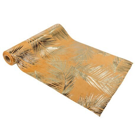 CHEMIN DE TABLE VELOURS PALMIER CAMEL FLOQUE CHAMPAGNE 28CMx3M