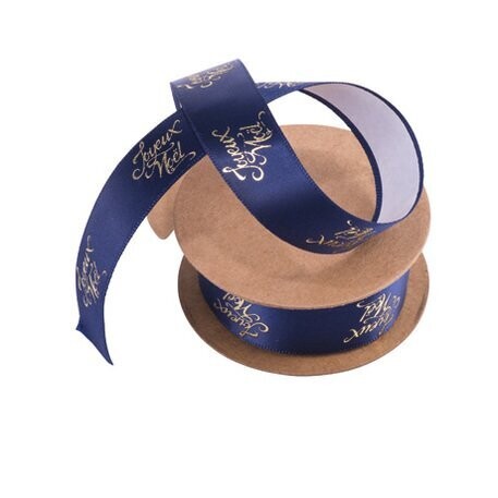 RUBAN ADHESIF "JOYEUX NOEL" SATIN BLEU MARINE FLOQUE