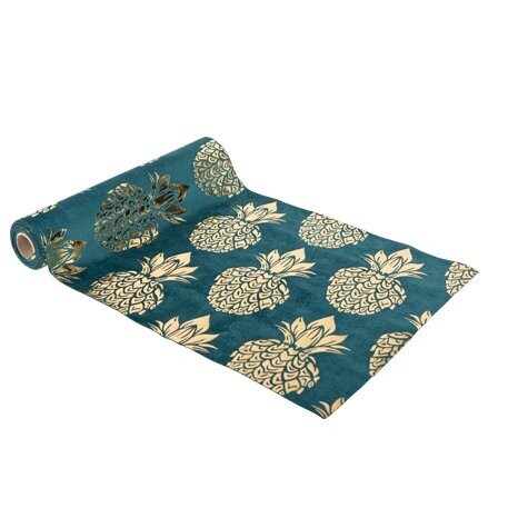 CHEMIN DE TABLE ANANAS ELEGANT VELOURS BLEU CANARD ET OR 28CMx3M