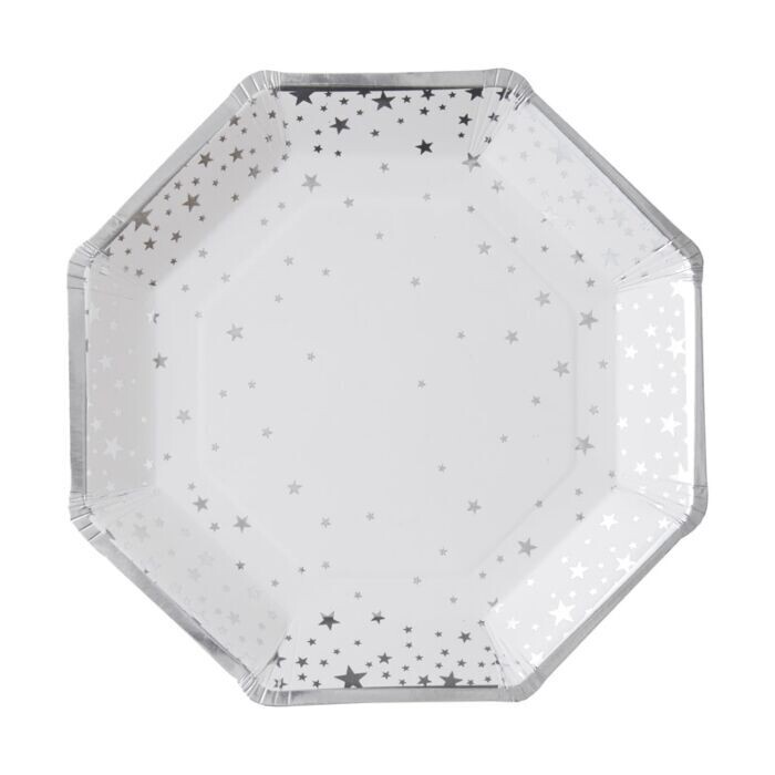 ASSIETTE OCTO BLANCHE ETOILES ET LISERE ARGENT 23CM (x8)