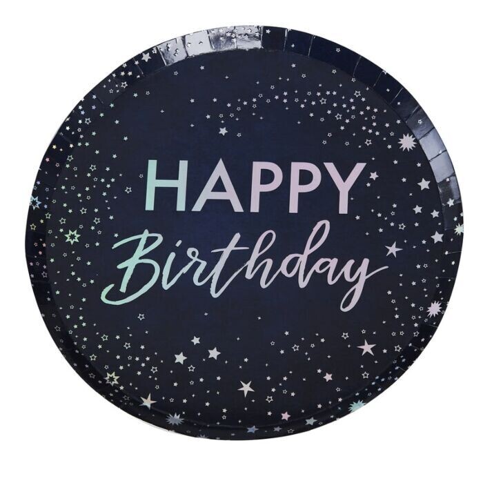 ASSIETTE RONDE BLEUE MARINE "HAPPY BIRTHDAY" ET ETOILES IRISES 25CM (x8)