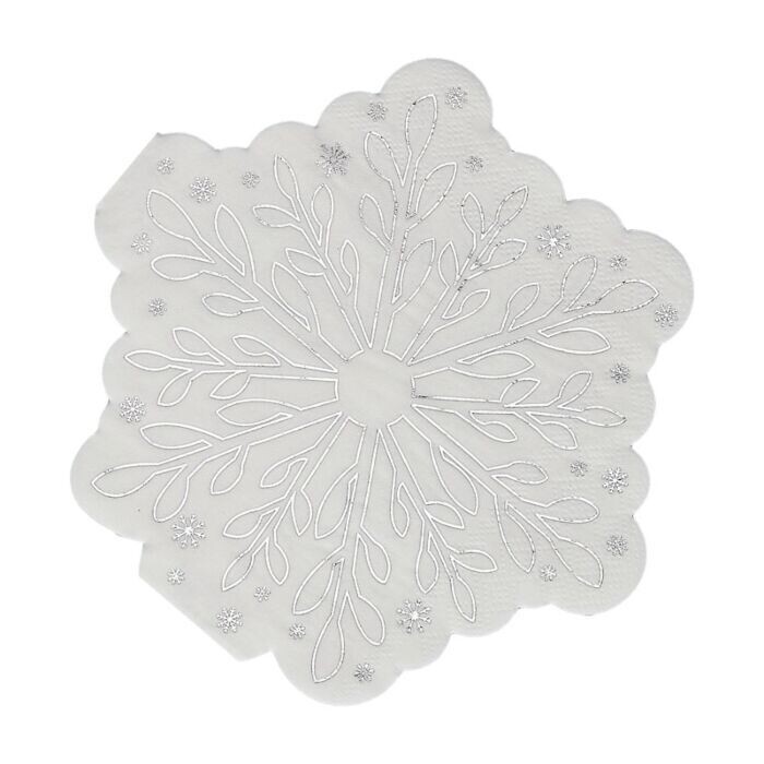 SERVIETTE FORME FLOCON DE NEIGE BLANC ET ARGENT 16CM (x16)
