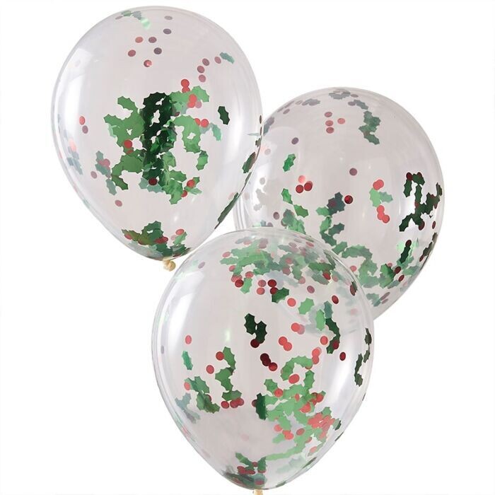 BALLON TRANSPARENT A CONFETTIS HOUX VERT ET  BAIES ROUGES 30CM (x5)