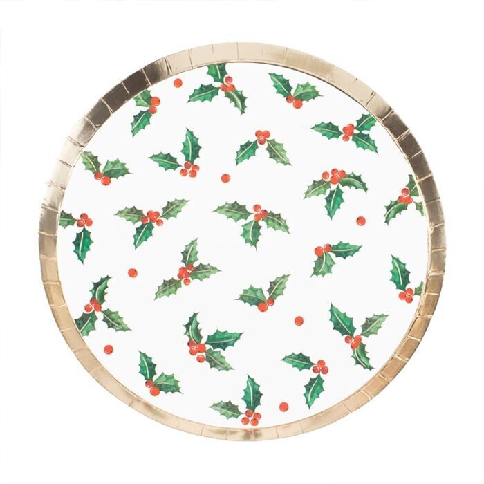 ASSIETTE RONDE BLANCHE FEUILLE DE HOUX + BAIES ET LISERE OR 24CM (x8)