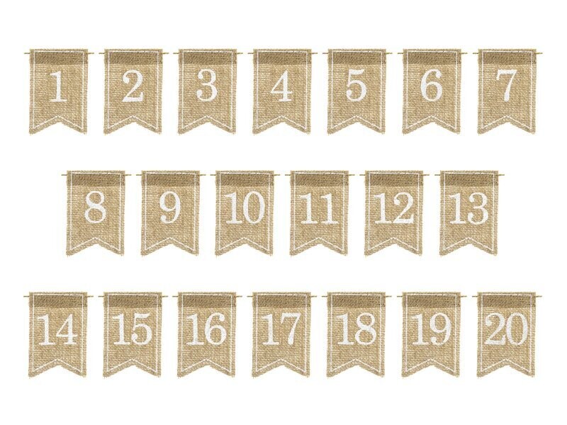 NUMERO DE TABLE FANION JUTE 1 A 20 BLANC 7x10.5CM (x20)