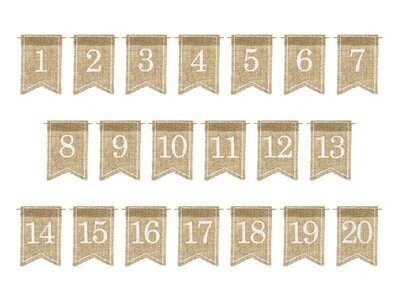 NUMERO DE TABLE FANION JUTE 1 A 20 BLANC 7x10.5CM (x20)