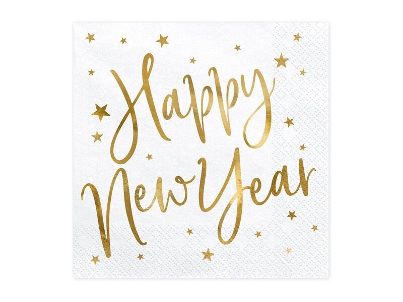 SERVIETTE BLANCHE "HAPPY NEW YEAR" OR 33CM (x20)