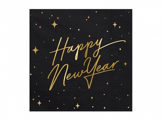 SERVIETTE NOIR "HAPPY NEW YEAR" + ETOILES OR 33CM (20)
