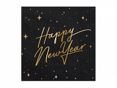 SERVIETTE NOIR "HAPPY NEW YEAR" + ETOILES OR 33CM (20)