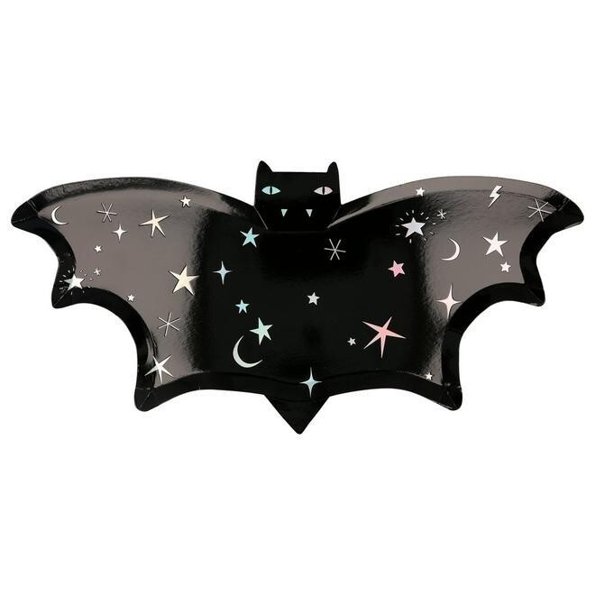 ASSIETTE FORME CHAUVE SOURIS NOIRE MOTIFS HOLOGRAPHIQUES 38x18CM (x8)
