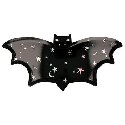 ASSIETTE FORME CHAUVE SOURIS NOIRE MOTIFS HOLOGRAPHIQUES 38x18CM (x8)