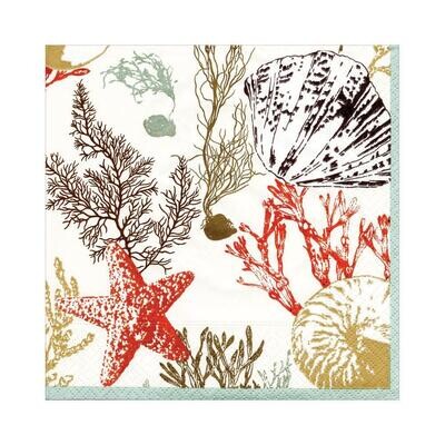 SERVIETTE FOND MARIN CORAIL, ETOILES DE MER ET COQUILLAGE 33CM (x20)