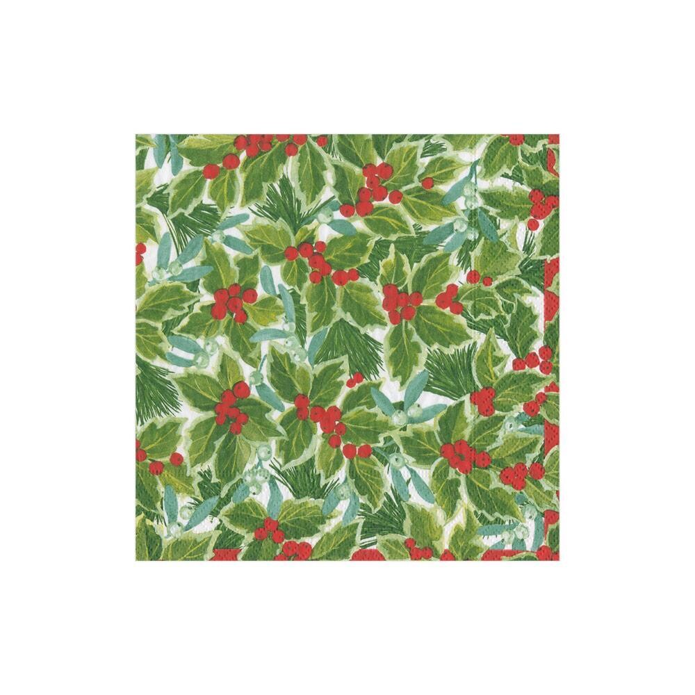 SERVIETTE COCKTAIL FEUILLES DE HOUX VERTES ET BAIES ROUGE 12.7CM (x20)