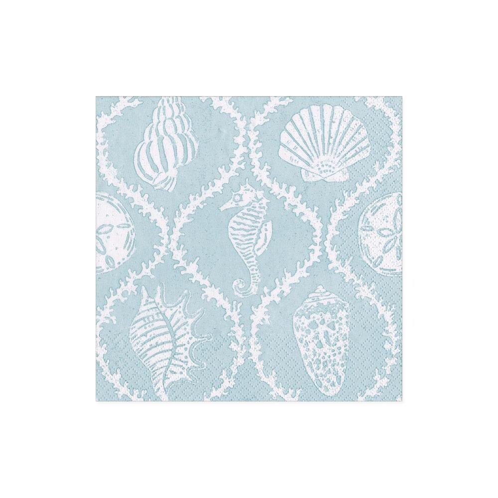 SERVIETTE COCKTAIL BLEU HIPPOCAMPE ET COQUILLAGE 12.7CM (x20)