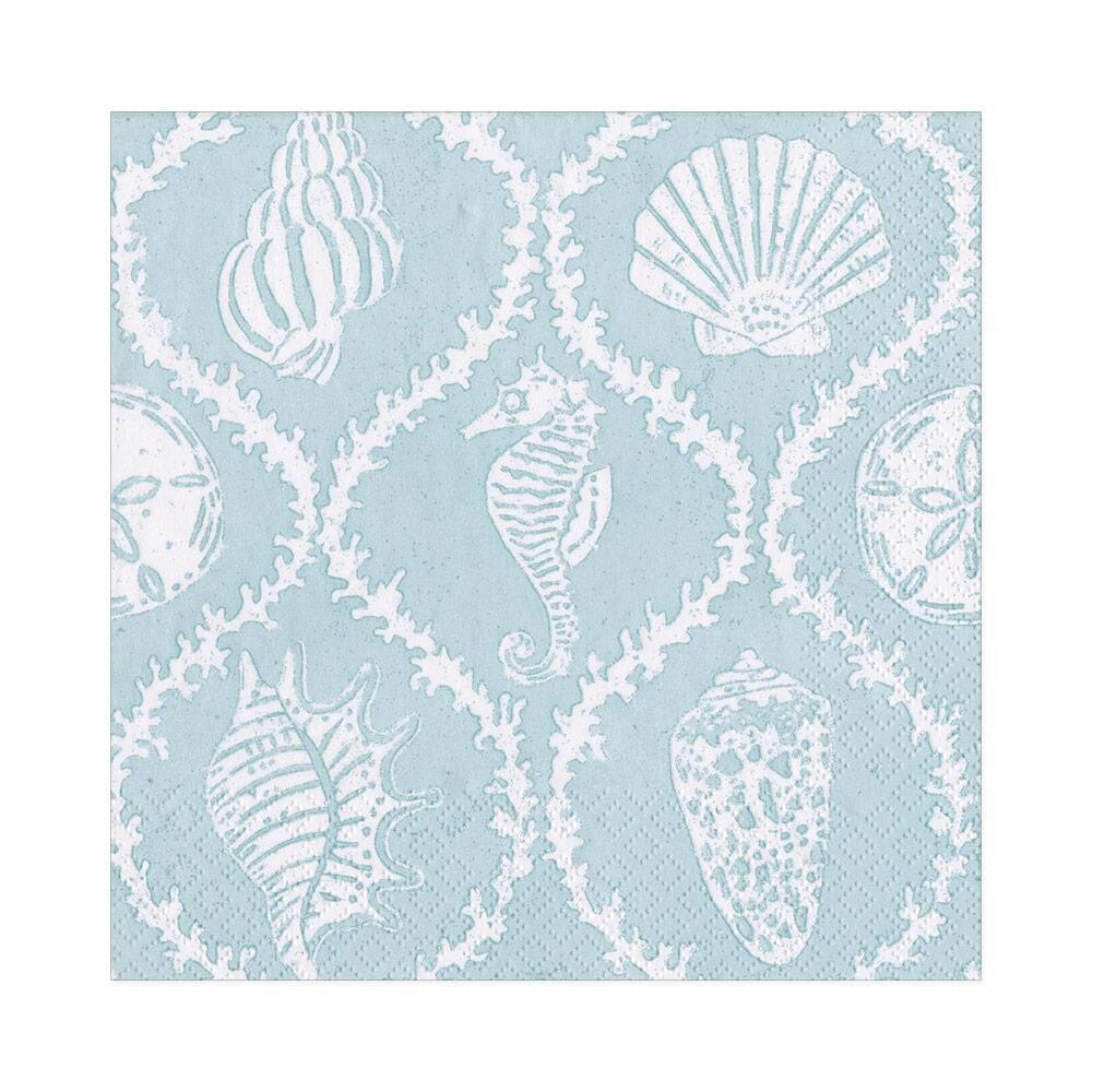 SERVIETTE BLEU HIPPOCAMPE ET COQUILLAGE 33CM (x20)
