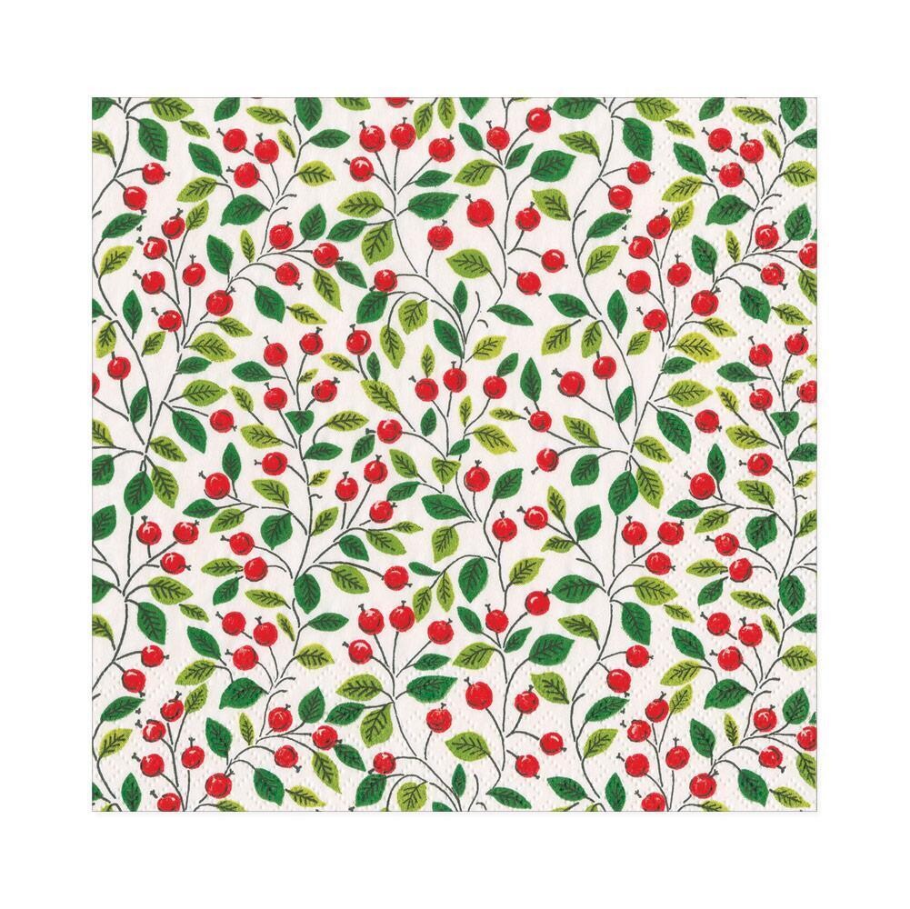 SERVIETTE BLANCHE FEUILLES VERTES ET BAIES ROUGES 33CM (x20)