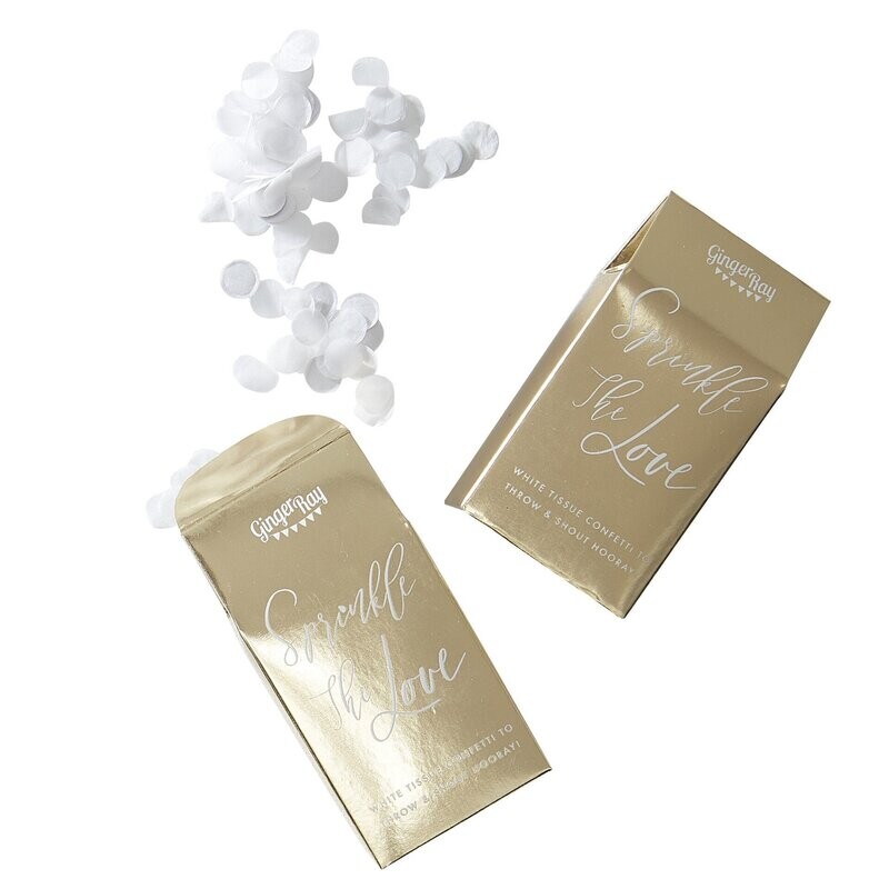 BOITE A CONFETTIS DORE LOVE BLANC + CONFETTIS PAPIER BLANC