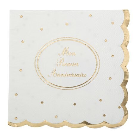 SERVIETTE "MON 1ER ANNIVERSAIRE" BLANC ET OR 33CM (x16)